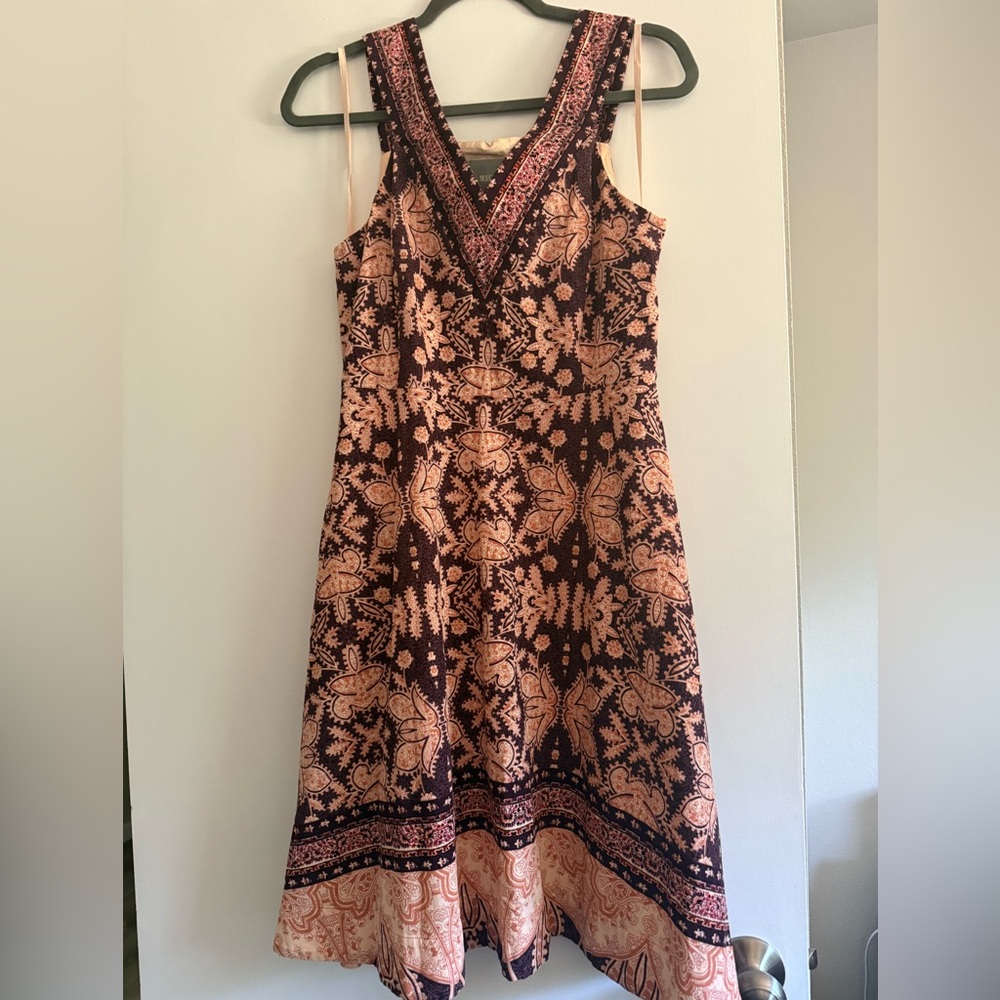Maeve Pink and Brown Asymmetrical Midi Dress by Anthropologie